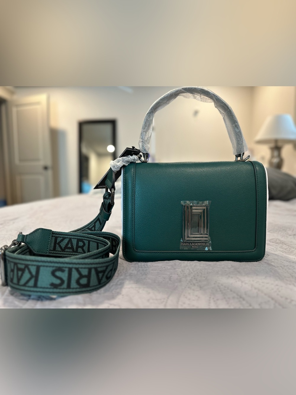 NWT Karl Lagerfeld Green Leather Simone Top-Handle Crossbody Bag
